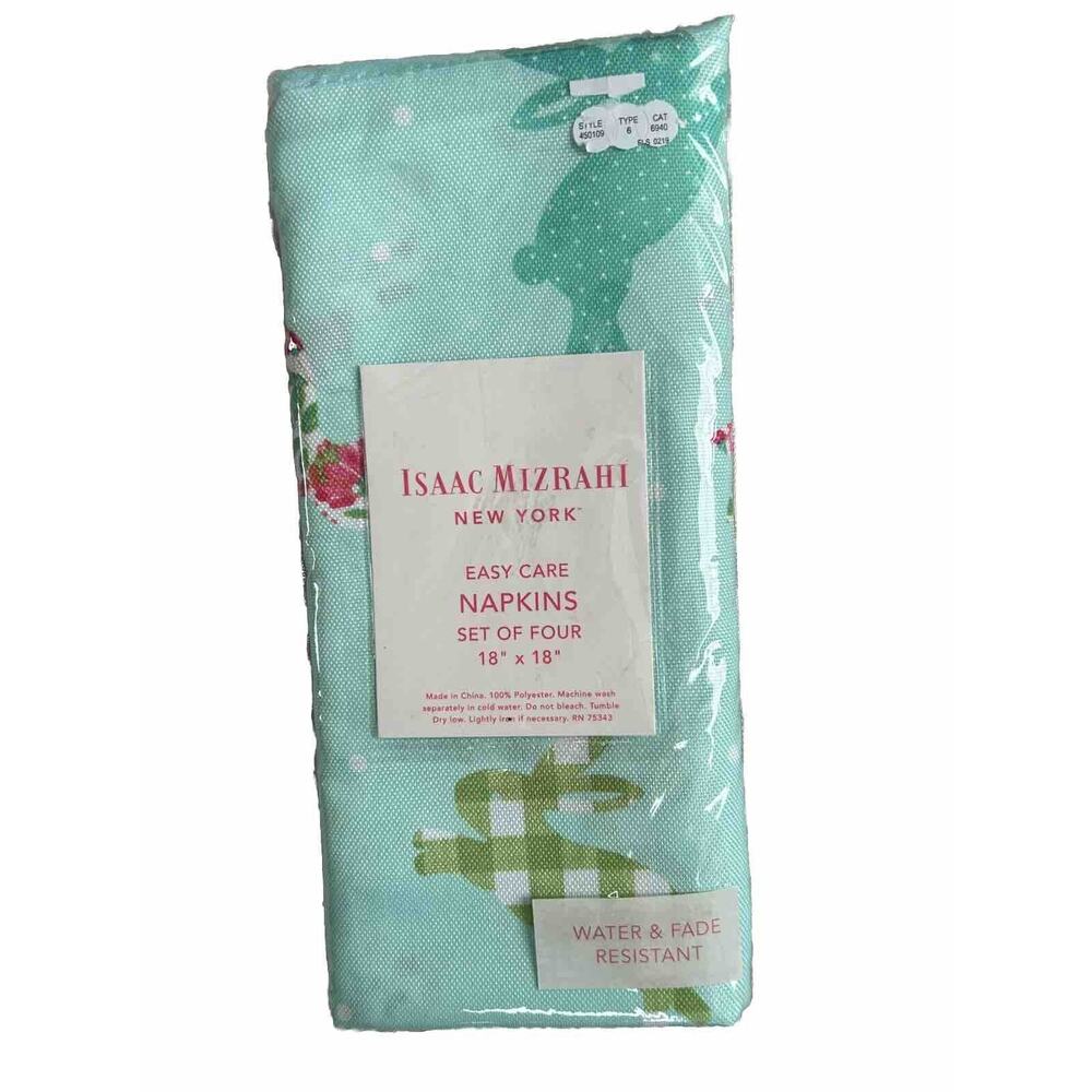 Isaac Mizrahi Green Aqua Floral Bunny Polka Dot Cloth Napkins Set 4